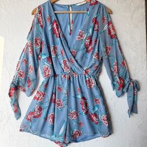 Peach Love California Blue Floral Split Sleeve Romper with Red Accents